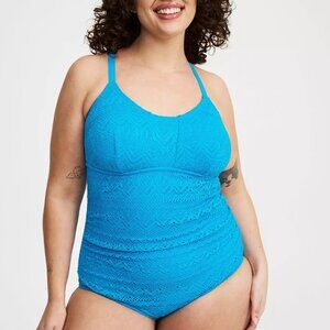 Torrid Swimsuit 1X 3X One Piece Blue Crochet Knit No Wire Plus Size Bathing Suit